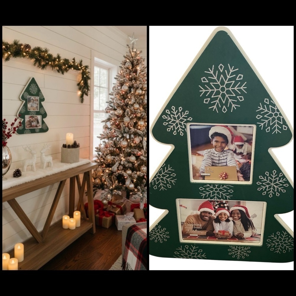 Malden International Green Christmas Tree Snowflake Wall Double Photo Frame 4x6